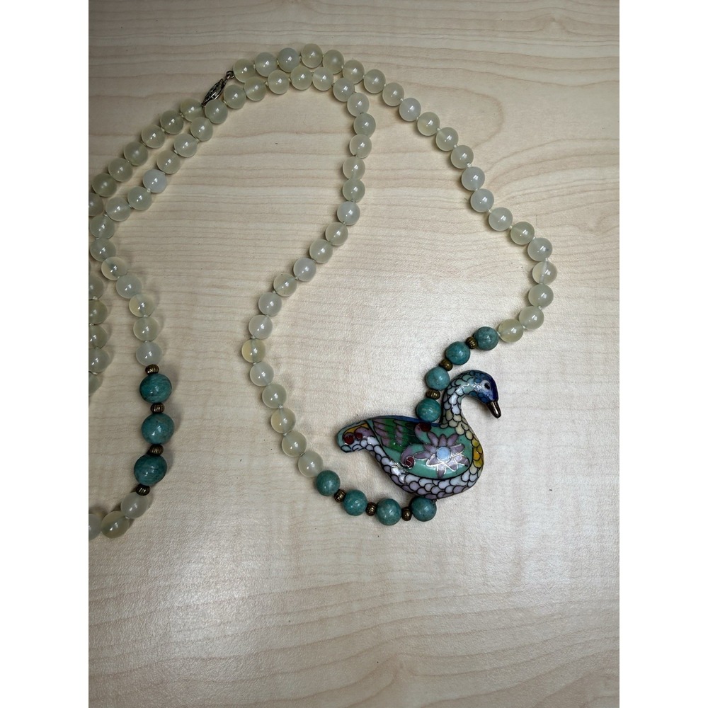 VTG Chinese jade? Cloisonne Brass Enamel Goodluck Goose Bird‎ Pendant Necklace - Picture 8 of 16